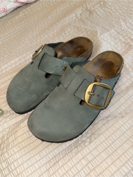 Birkenstock Shoes - Birkenstock Green Leather Boston Clogs Big Buckle 40